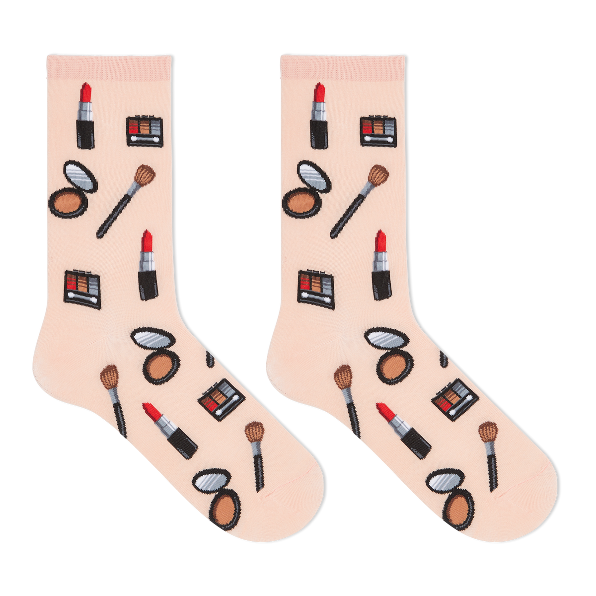 A pair of light pink crew socks with a repeating pattern of various makeup items, including lipstick, eyeshadow palettes, brushes, and compacts, displayed on a clean white background.