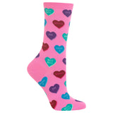 A single pink crew sock with a pattern of colorful candy hearts containing phrases like 'KISS ME', 'XOXO', 'LOVE U', and 'BRAE'. thumbnail