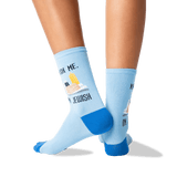 A pair of light blue crew socks with bright blue heels, toes, and cuffs, featuring a graphic text of 'KNISH ME. I'M JEWISH.' thumbnail