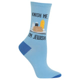 A single light blue crew sock with a graphic of a shushka pastry and a mustard bottle, accompanied by the text 'KNISH ME, I'M JEWISH' in black lettering. thumbnail