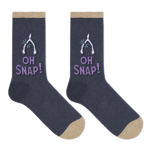 A pair of dark heather navy crew socks with beige toes and heels, featuring a white wishbone graphic and the text 'OH SNAP!' in lavender on the side, shown against a plain white background.