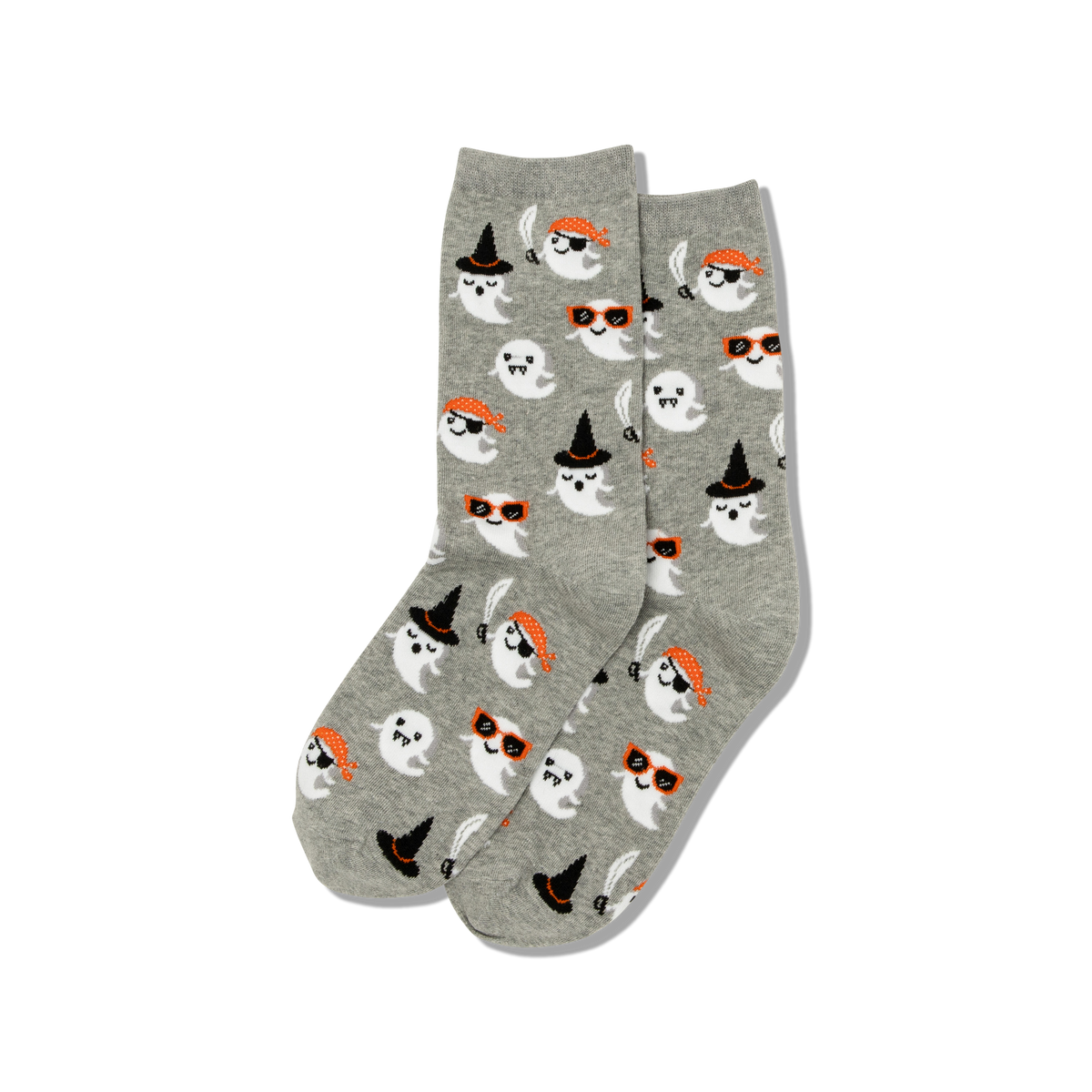 Gray socks with Halloween-themed dog illustrations on a white background