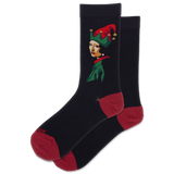Black socks with a colorful elf design on a white background