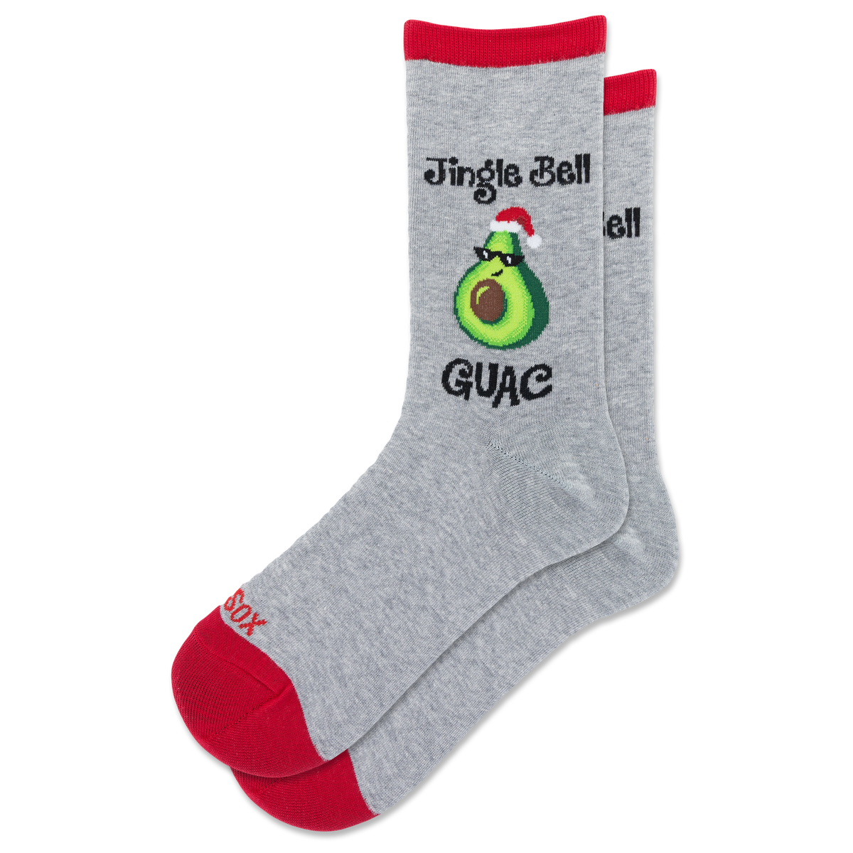 A pair of heather gray crew socks with red toes, heels, and cuffs, featuring a graphic of an avocado wearing a Santa hat with the text 'Jingle Bell GUAC' and 'HOTSOX' on the foot.