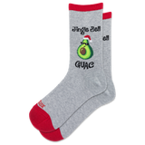 A pair of heather gray crew socks with red toes, heels, and cuffs, featuring a graphic of an avocado wearing a Santa hat with the text 'Jingle Bell GUAC' and 'HOTSOX' on the foot.