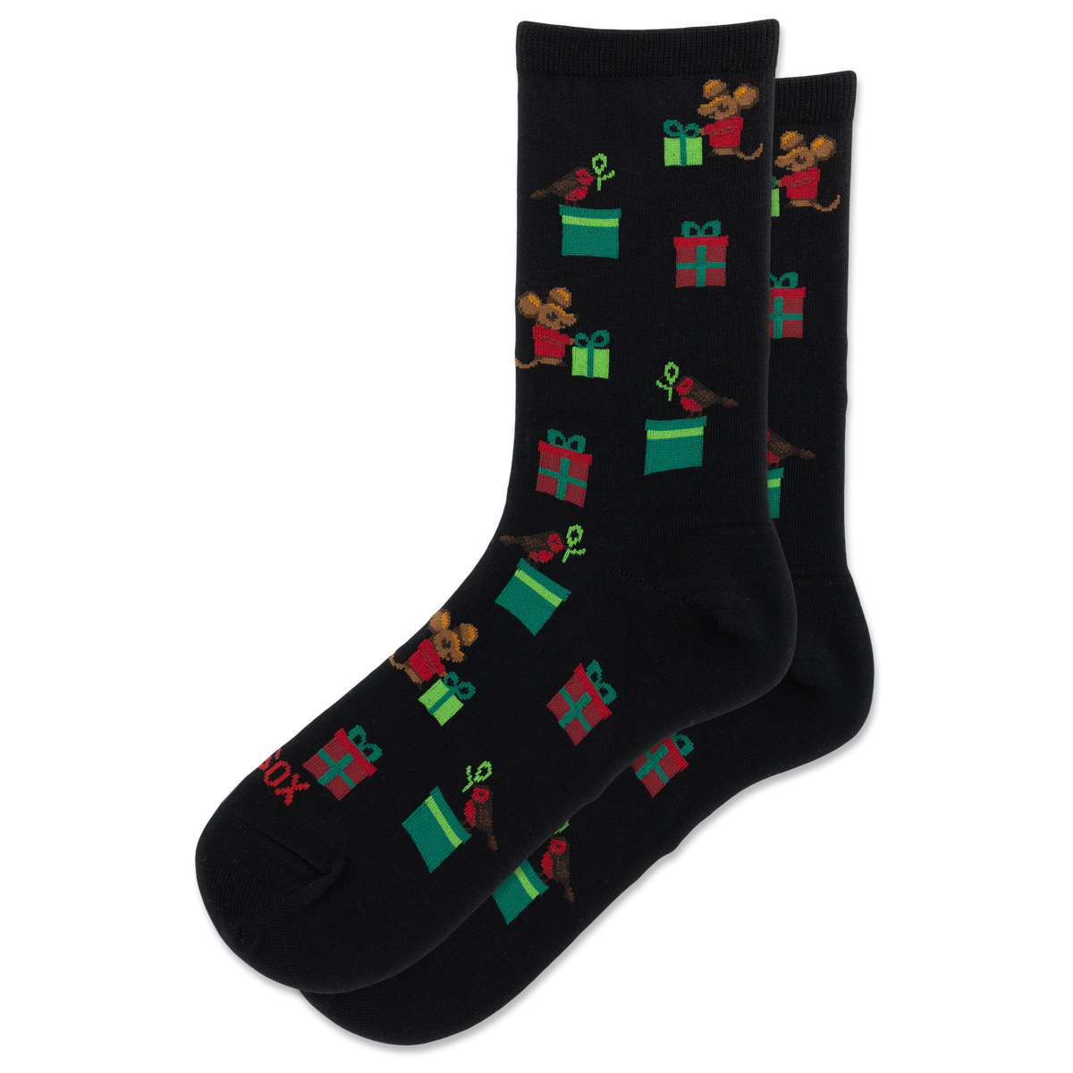 A pair of black crew socks featuring a festive pattern of cartoon mice holding red and green gift boxes, with small red birds, on a plain white background.