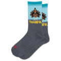 A pair of crew socks with a Thanksgiving theme. The lower half is dark heather gray, while the upper half is light blue and features a cartoon turkey wearing a black top hat with a red band, above the word 'THANKFUL' in yellow.