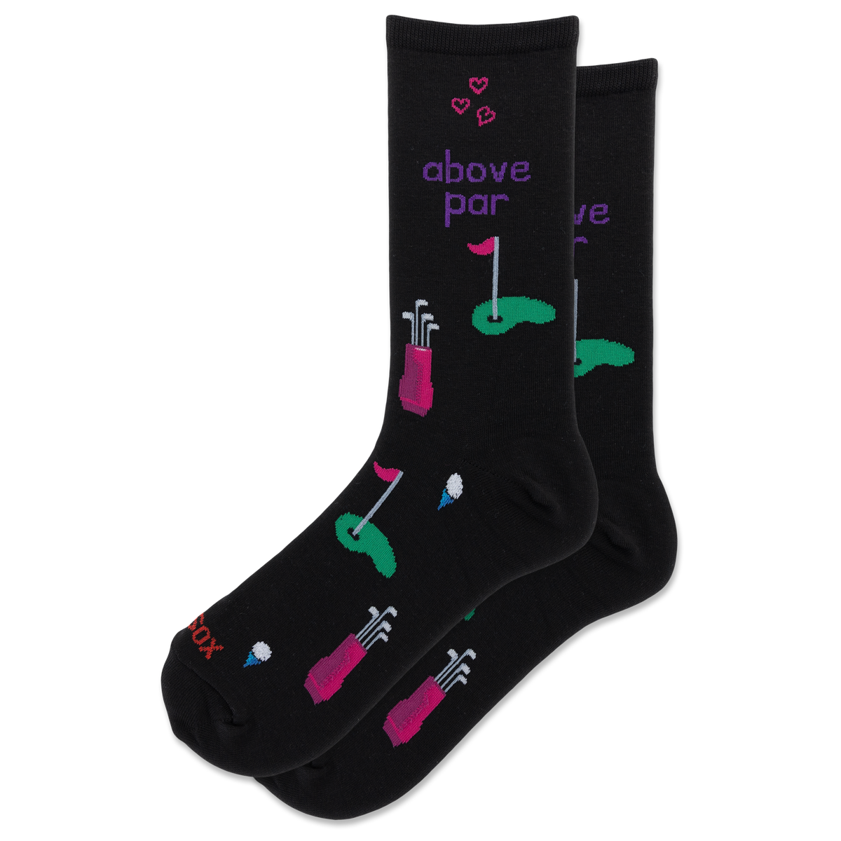 A pair of black crew socks with a golf-themed print, featuring pink and green golf clubs, flags, greens, and the text 'above par' in purple, displayed on a clean white background.