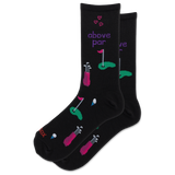 A pair of black crew socks with a golf-themed print, featuring pink and green golf clubs, flags, greens, and the text 'above par' in purple, displayed on a clean white background.