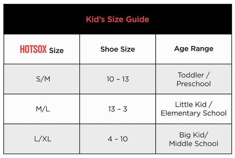 Size Chart for Hot Chillys Clothing and Socks