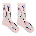 A pair of light pink crew socks with a repeating pattern of cartoon guitars in pastel pink, blue, and mint green, displayed on a clean white background.