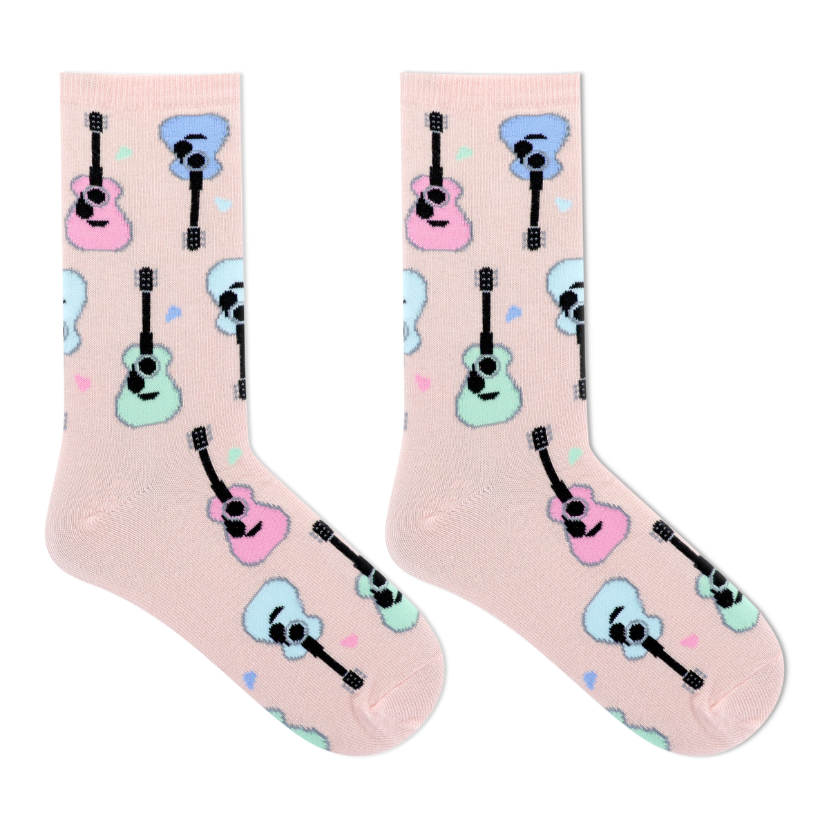 A pair of light pink crew socks with a repeating pattern of cartoon guitars in pastel pink, blue, and mint green, displayed on a clean white background.