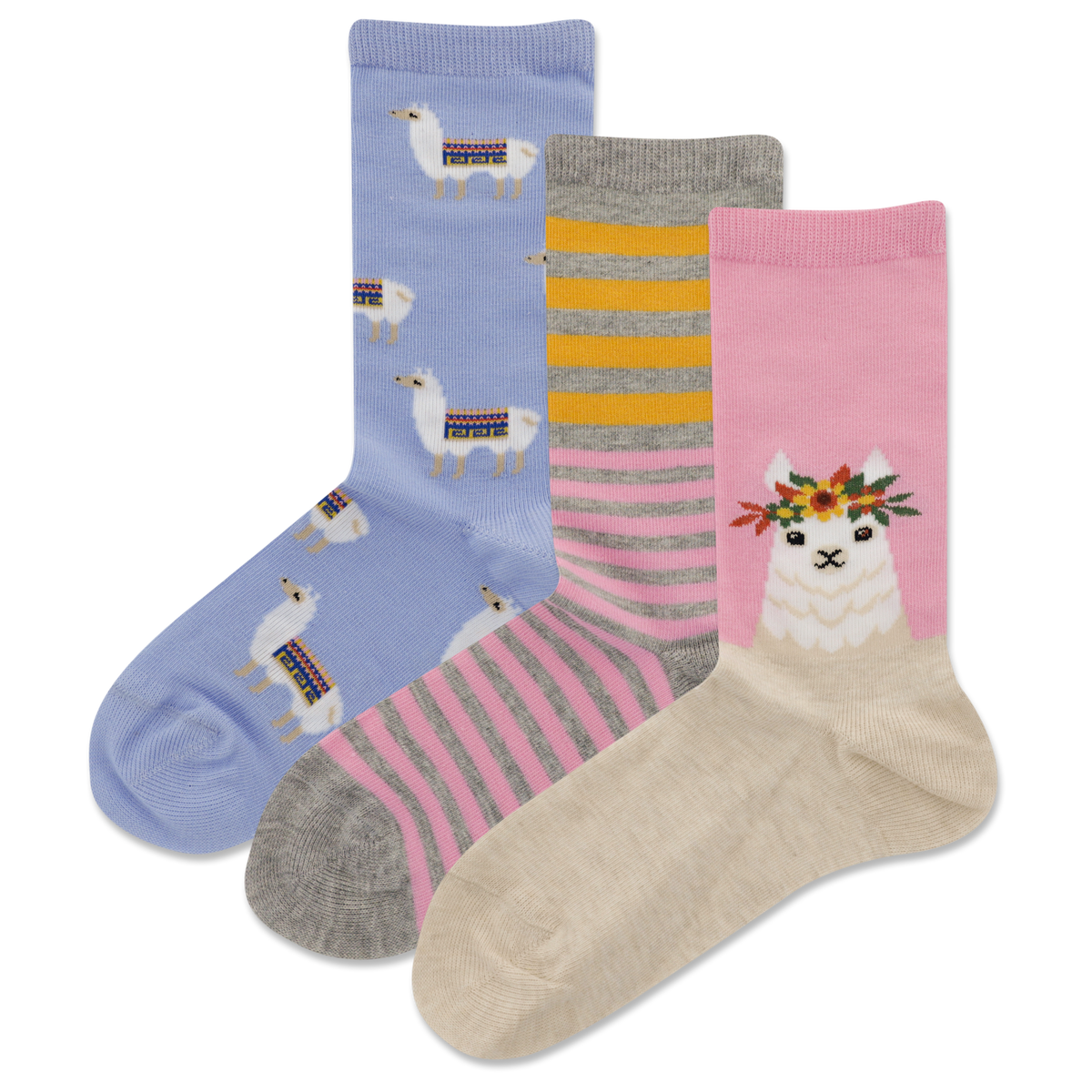 Assorted HOTSOX Kid's Llama Stripe Crew Socks 3 Pair Pack