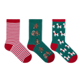 Three pairs of Christmas-themed crew socks displayed side-by-side on a plain white background. The left pair features red and white horizontal stripes with a red toe and heel.