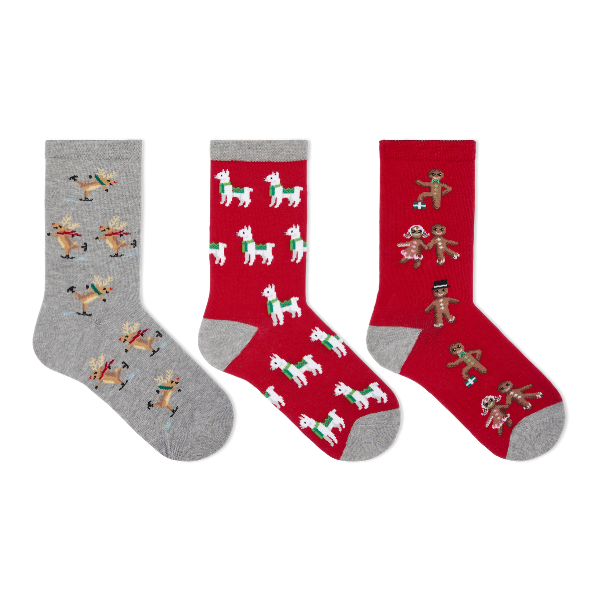 Three Christmas-themed crew socks displayed side-by-side on a plain white background. The left sock is heather gray with a pattern of skating reindeer.