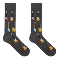 A pair of dark gray crew socks featuring a repeating pattern of colorful electric and bass guitars in yellow, blue, red, and white, displayed against a solid white background.