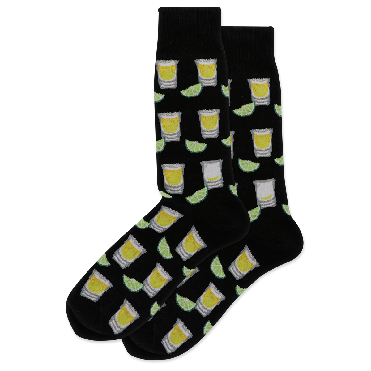 Black socks with lime and tequila pattern on a white background
