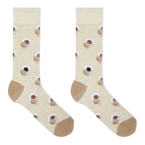 A pair of beige crew socks with a repeating pattern of coffee cups and saucers, featuring solid tan heels, toes, and cuffs, displayed on a clean white background.