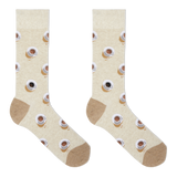 A pair of beige crew socks with a repeating pattern of coffee cups and saucers, featuring solid tan heels, toes, and cuffs, displayed on a clean white background. thumbnail