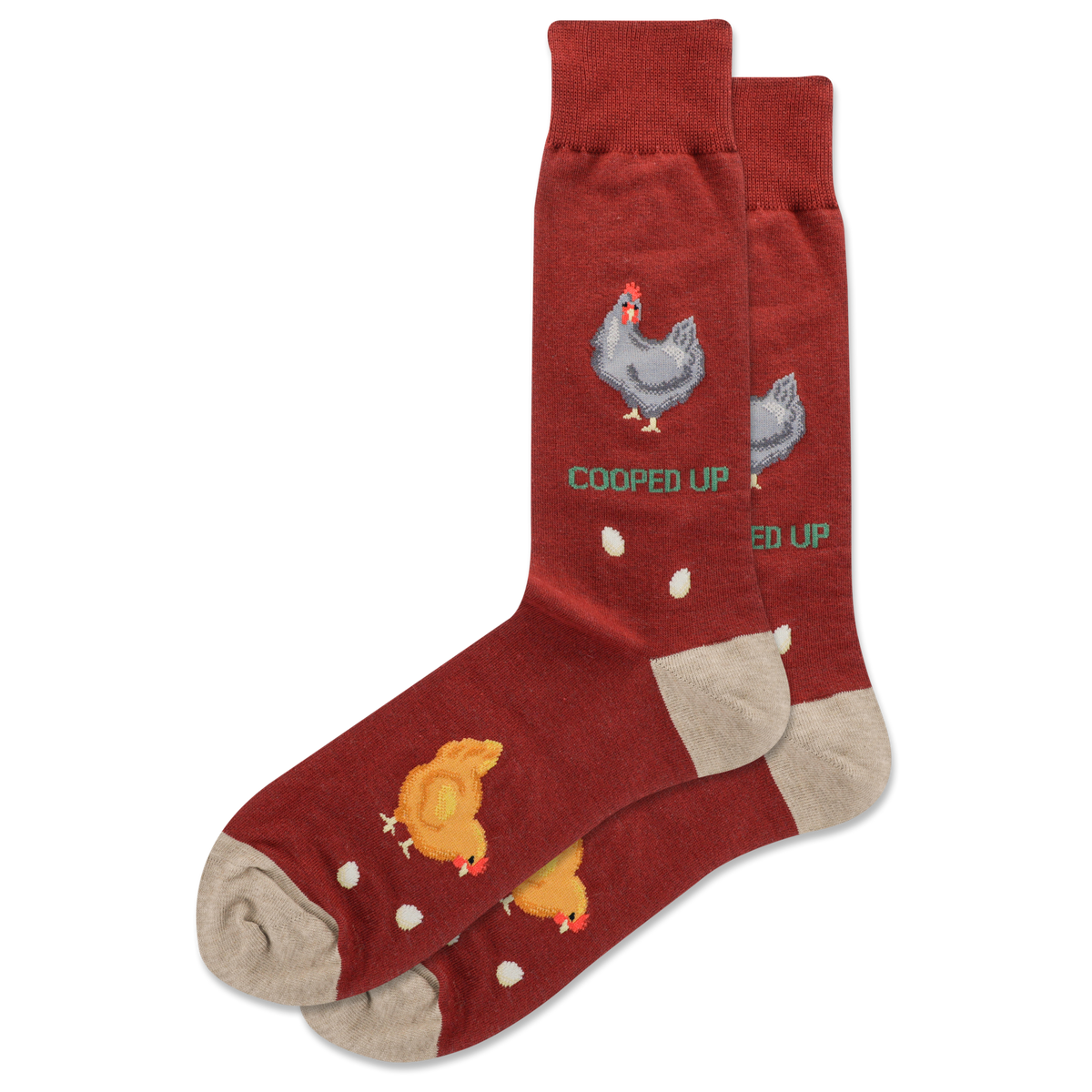 Red socks with chicken illustrations and text on a white background