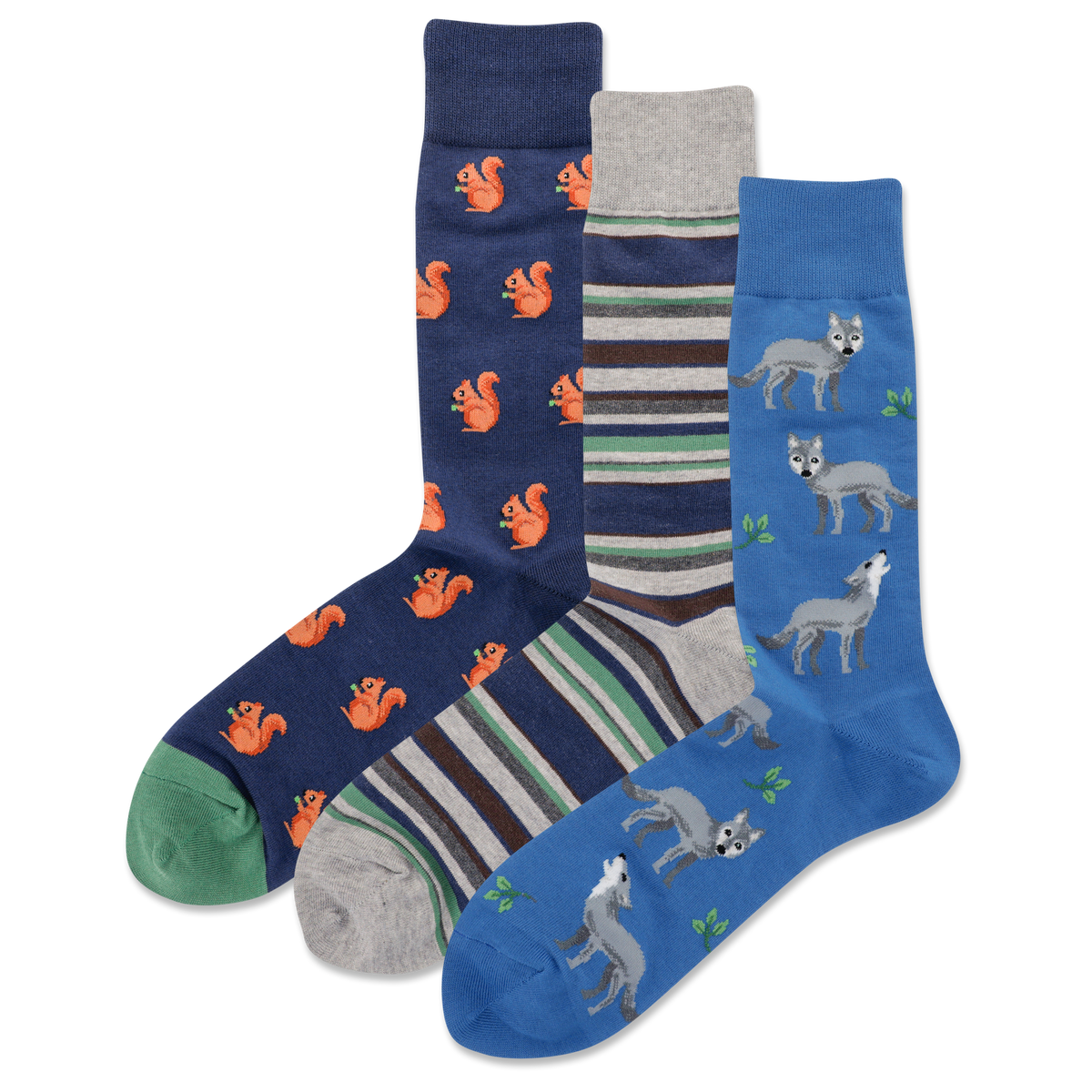 Three pairs of socks with animal patterns on a white background