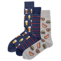 Three pairs of socks with food-themed patterns on a white background