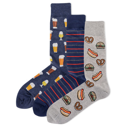 Three pairs of socks with food-themed patterns on a white background