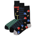 A pack of three men's crew socks with football-themed designs, including pairs with stripes and various football symbols.