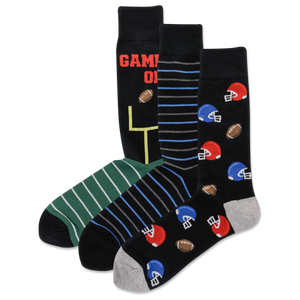 A pack of three men's crew socks with football-themed designs, including pairs with stripes and various football symbols.