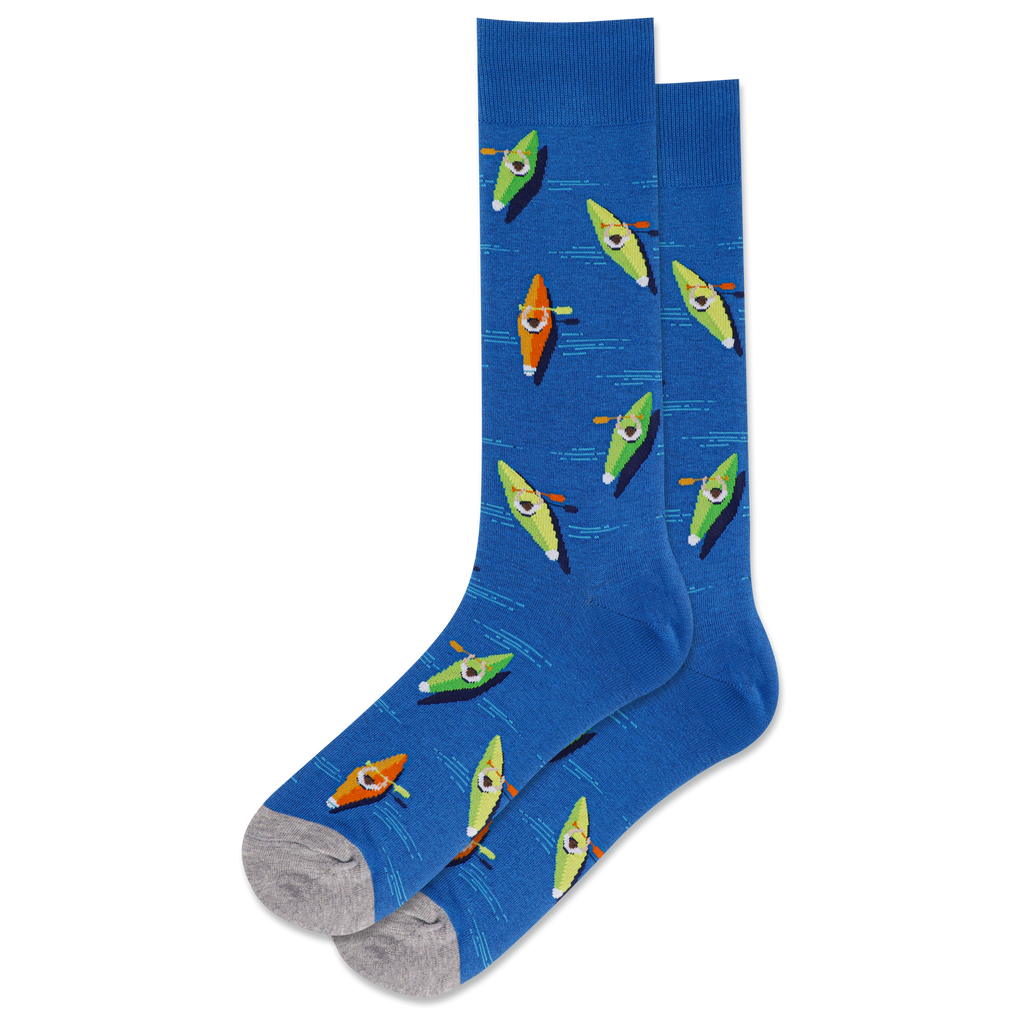 A pair of blue crew socks with a pattern of colorful kayaks.