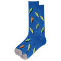 A pair of blue crew socks with a pattern of colorful kayaks.