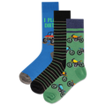 A pack of three striped crew socks with a motorbike and ATV pattern, one sock is blue with a motocross design, and the others are black and green with a similar motocross theme.
