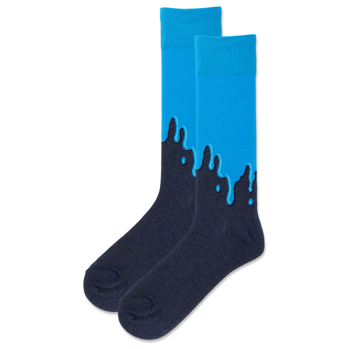 A pair of men's crew socks with a paint drip design, featuring blue on the top and black on the bottom.