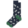 Navy sock with dice pattern and green toes on a white background