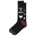 Black socks with white text and brown accents on a white background