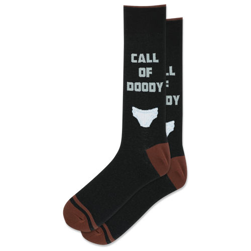 Black socks with white text and brown accents on a white background