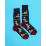 Navy blue socks with dog illustrations and 'hard licker' text on a light blue background