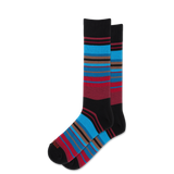 A pair of crew socks with a striped pattern in black, bright blue, burgundy red, and brown, displayed against a solid white background. thumbnail