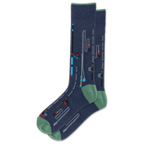 A pair of crew socks in heathered navy blue with a fishing rod and line pattern, featuring sage green heels and toes, displayed on a clean white background.