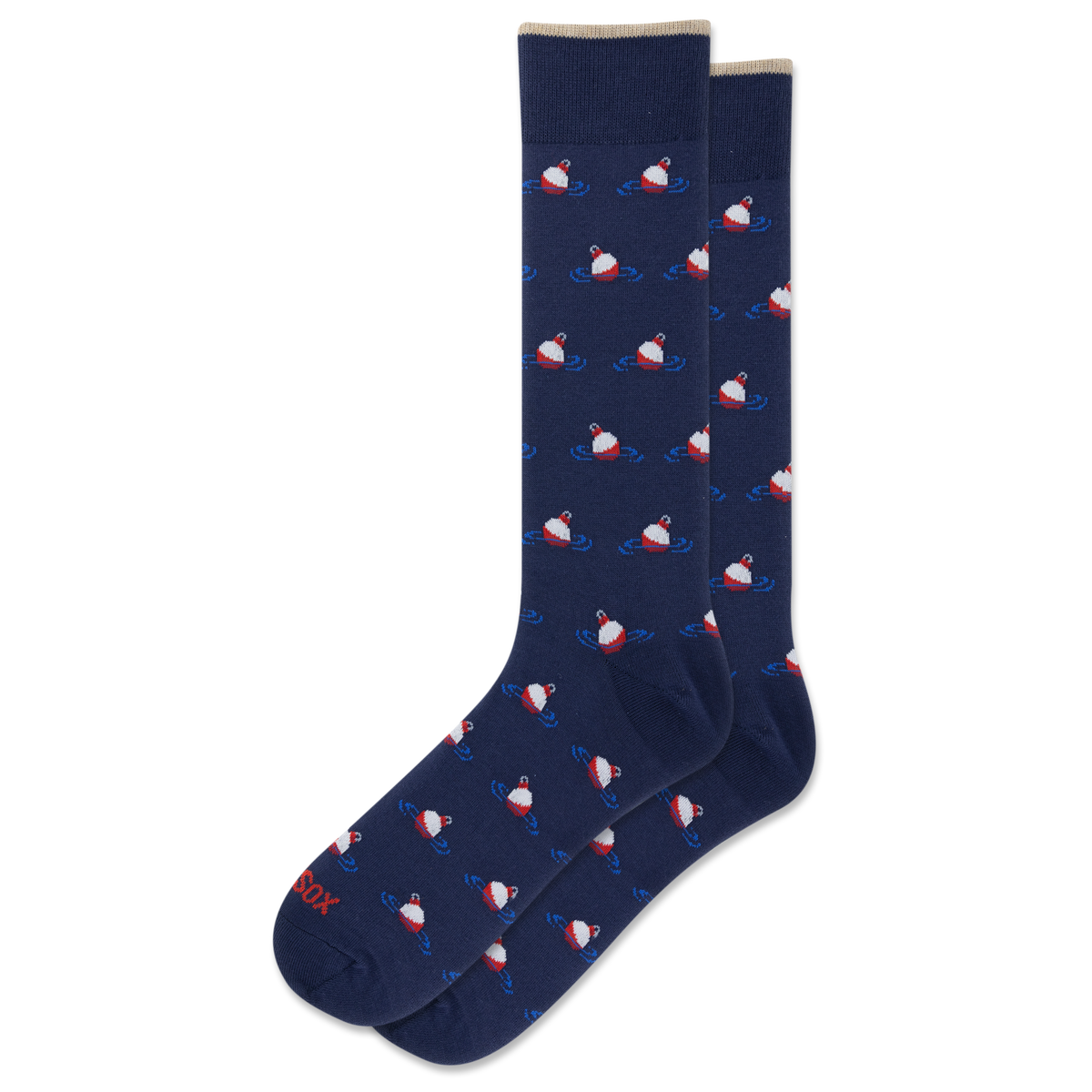 A pair of navy blue crew socks with a repeating pattern of small red and white boats on blue wavy lines, displayed on a clean white background.