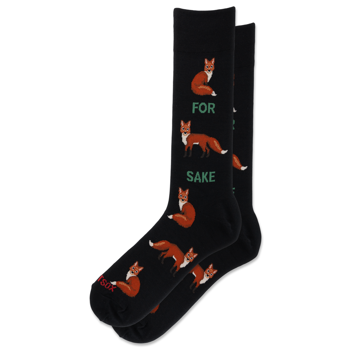 A pair of black crew socks featuring a repeating pattern of orange and white foxes with green text reading 'FOR SAKE' on a clean white background.