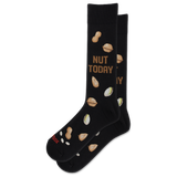 A pair of black crew socks with a pattern of peanuts, pistachios, and the words 'NUT TODAY' in brown and beige, shown on a plain white background.