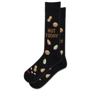 A pair of black crew socks with a pattern of peanuts, pistachios, and the words 'NUT TODAY' in brown and beige, shown on a plain white background.
