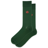 A pair of socks in green with embroidered designs of a maple leaf thumbnail