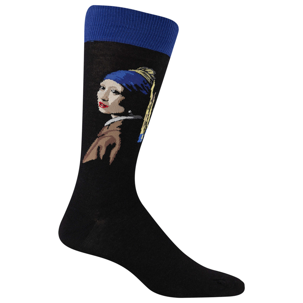 A single black crew sock featuring a graphic print of Vermeer's Girl with a Pearl Earring, with a solid blue ribbed cuff, shown on a plain white background.