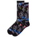 Black socks with colorful floral and geometric pattern on a white background