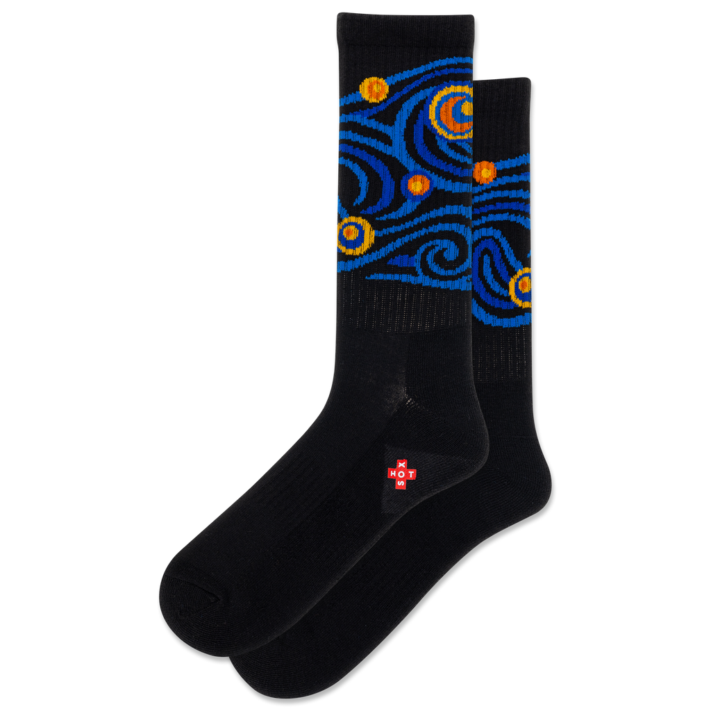 Black socks with blue and orange pattern on a white background