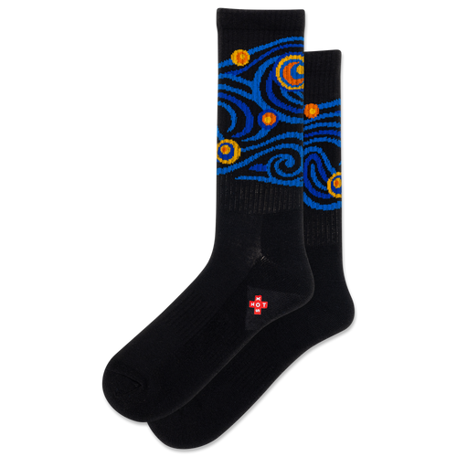 Black socks with blue and orange pattern on a white background