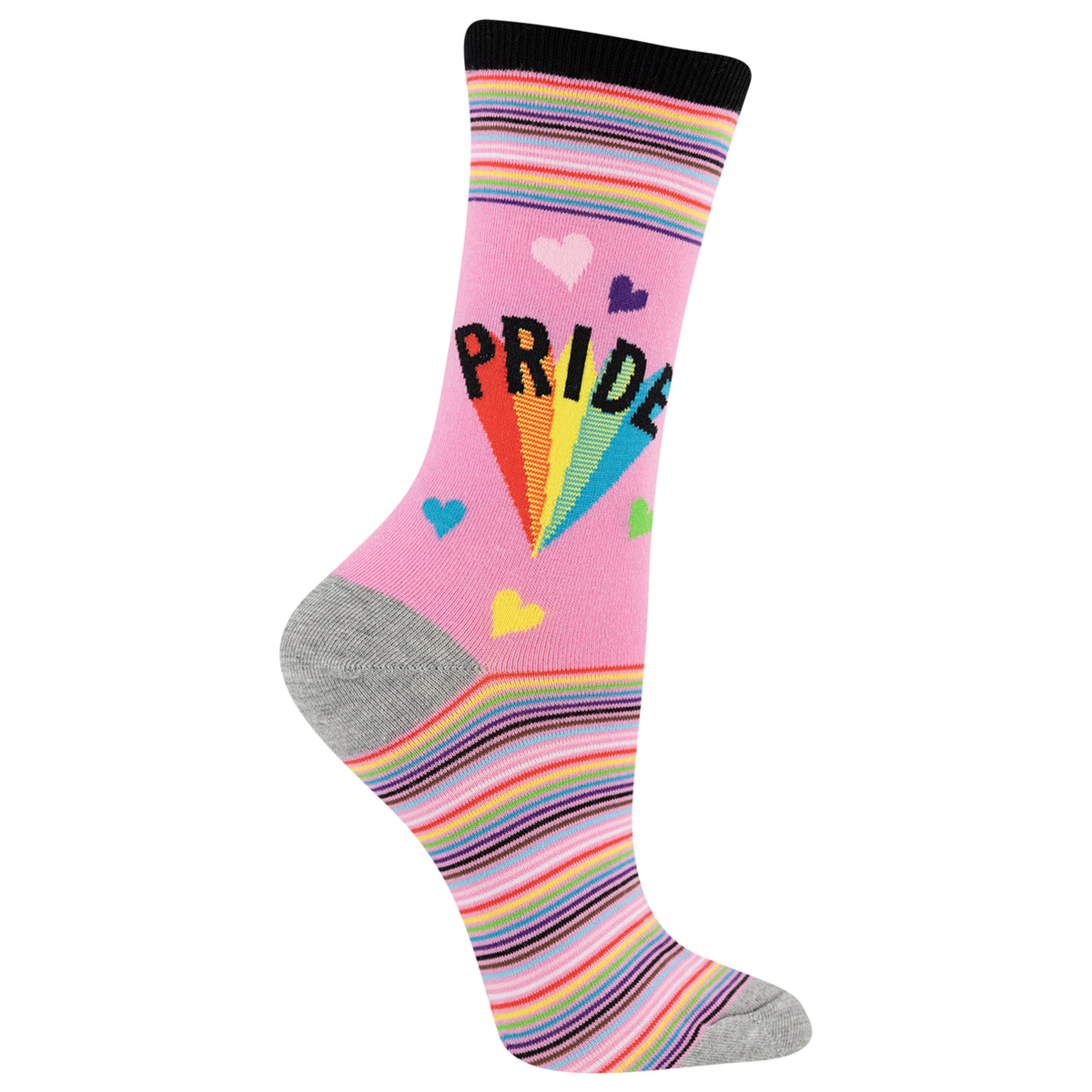 A single pink crew sock with a rainbow-themed 'PRIDE' design, featuring a black cuff, gray heel and toe, and multicolor striped bands at the top and bottom.