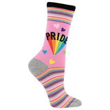A single pink crew sock with a rainbow-themed 'PRIDE' design, featuring a black cuff, gray heel and toe, and multicolor striped bands at the top and bottom. thumbnail